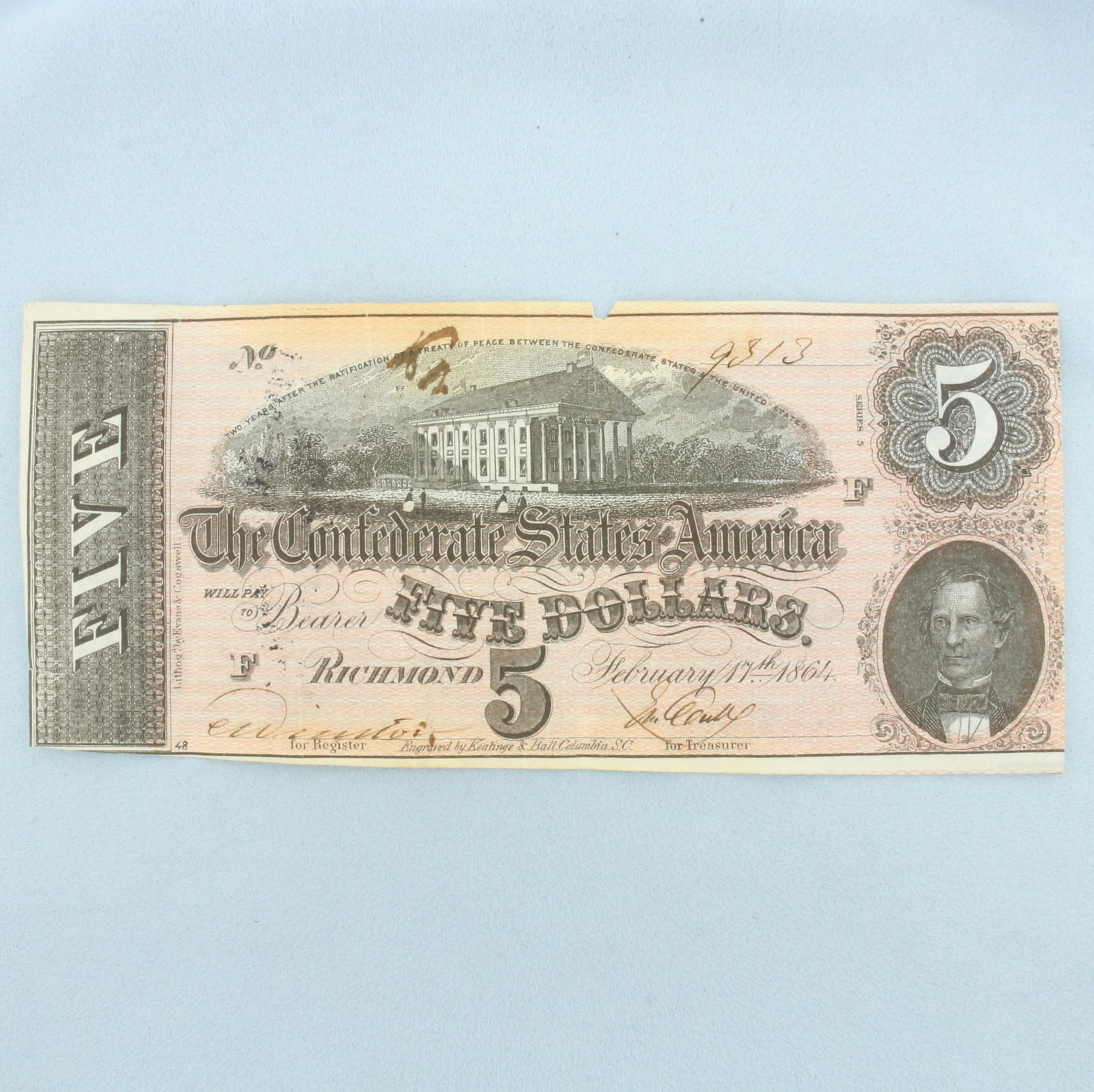 $5 Confederate States of America Bill Richmond: Condition shown in picture.