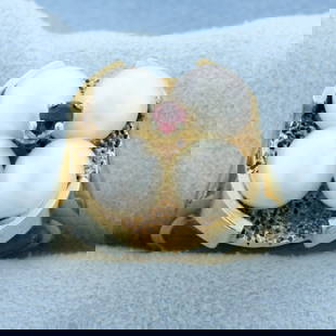 Vintage Akoya Pearl and Ruby Satement Ring in 14K Yellow Gold: In 14K Yellow Gold. Contains four 7mm Cultured Akoya Pearls with creamy white color and pink undertones, beautiful nacre and luster. Also contains one high quality natural .09ct round cut Ruby