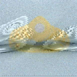 Unique Quilted Design Diamond Solitaire Ring in 14K Yellow Gold: In 14K Yellow Gold. Contains one high quality 1/5ct round brilliant cut Diamond, SI1 clarity/H color. Size 6 3/4. 7.1g.