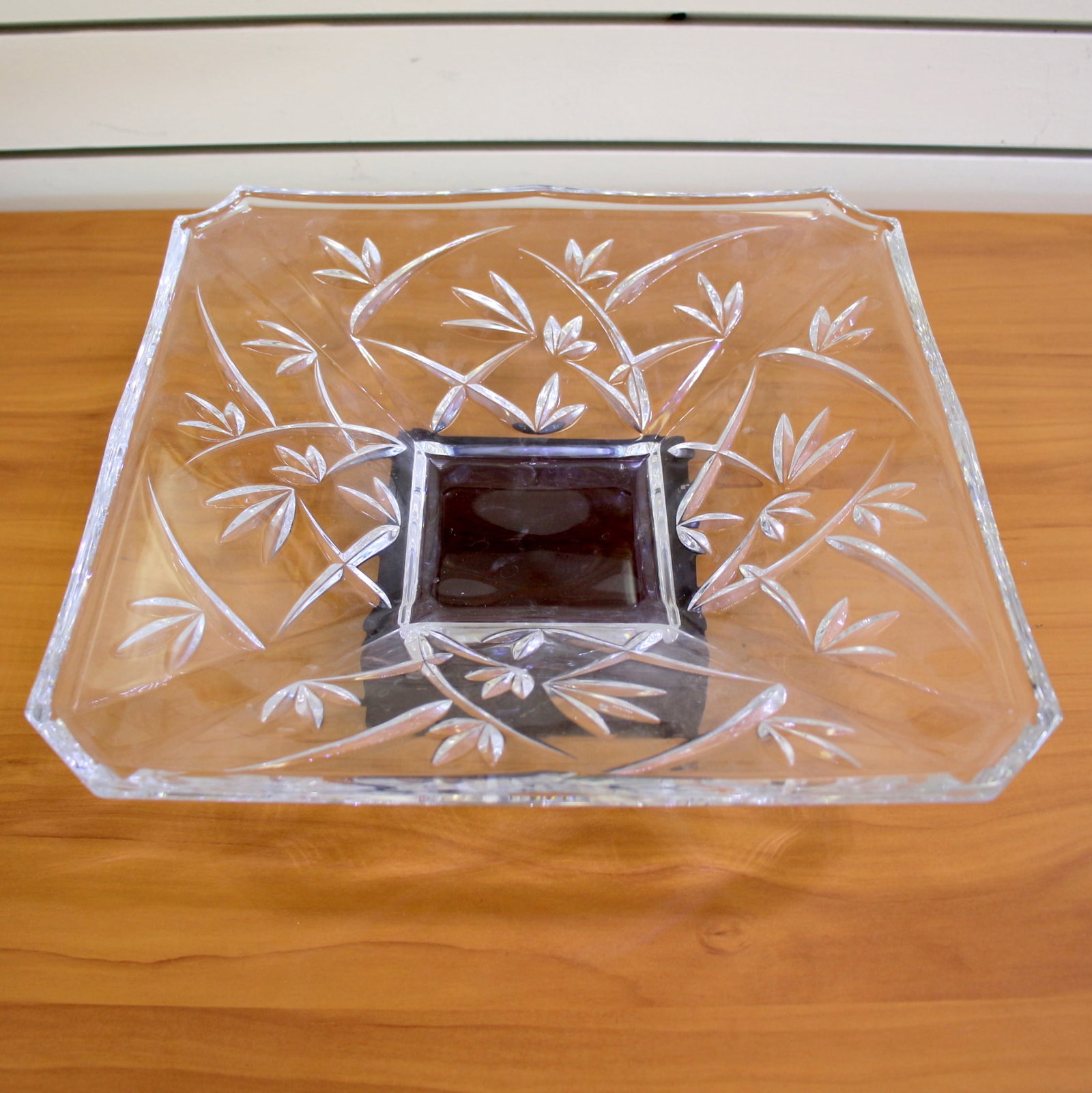 Waterford Bamboo Collection Crystal Centerpiece with Wooden Base: 12 inches by 2 3/4 inches. Original wooden base included. Excellent condition.