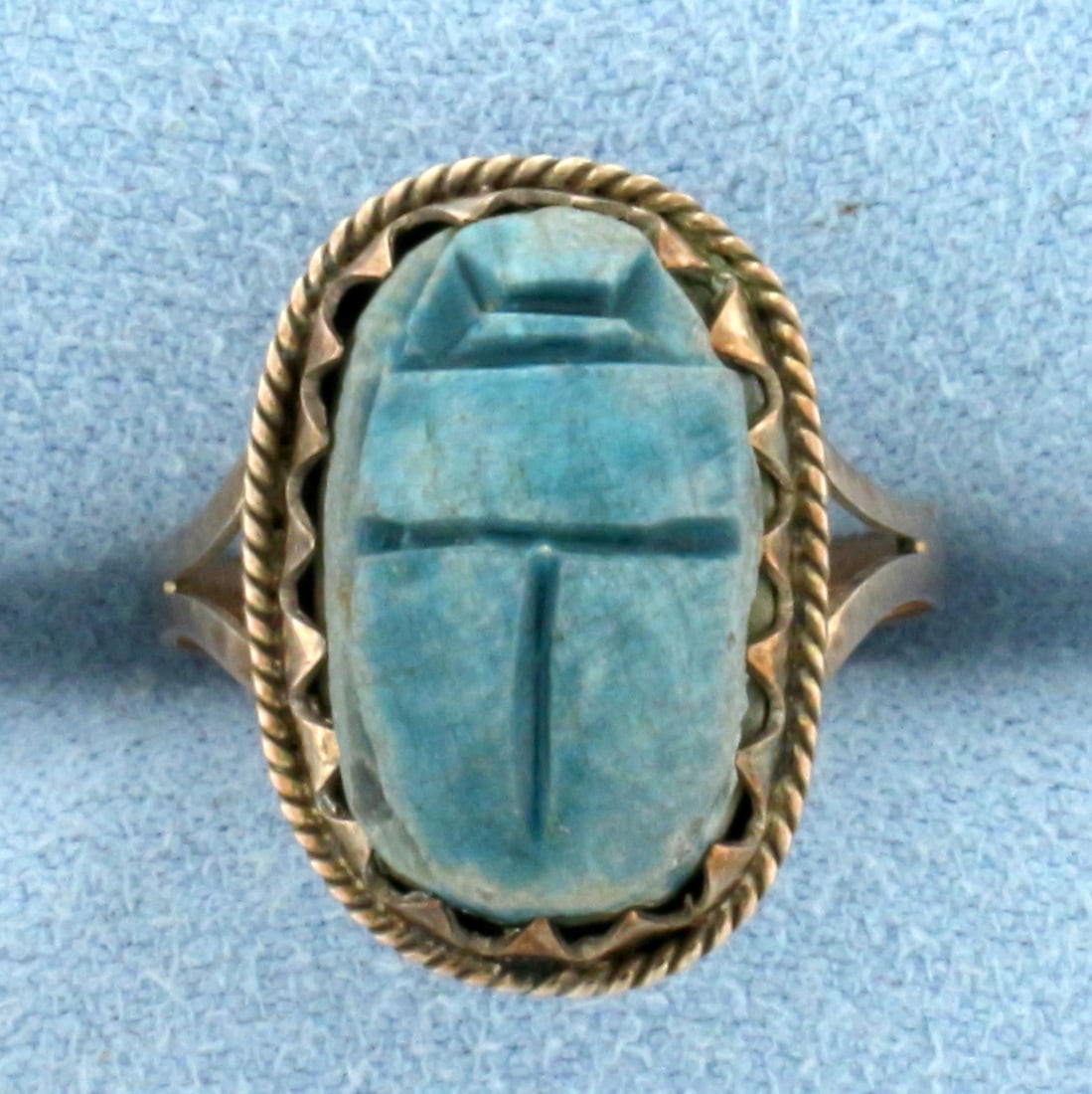 Vintage Hand Carved Blue Scarab Ring in 10k Rose Gold (1 of 4)