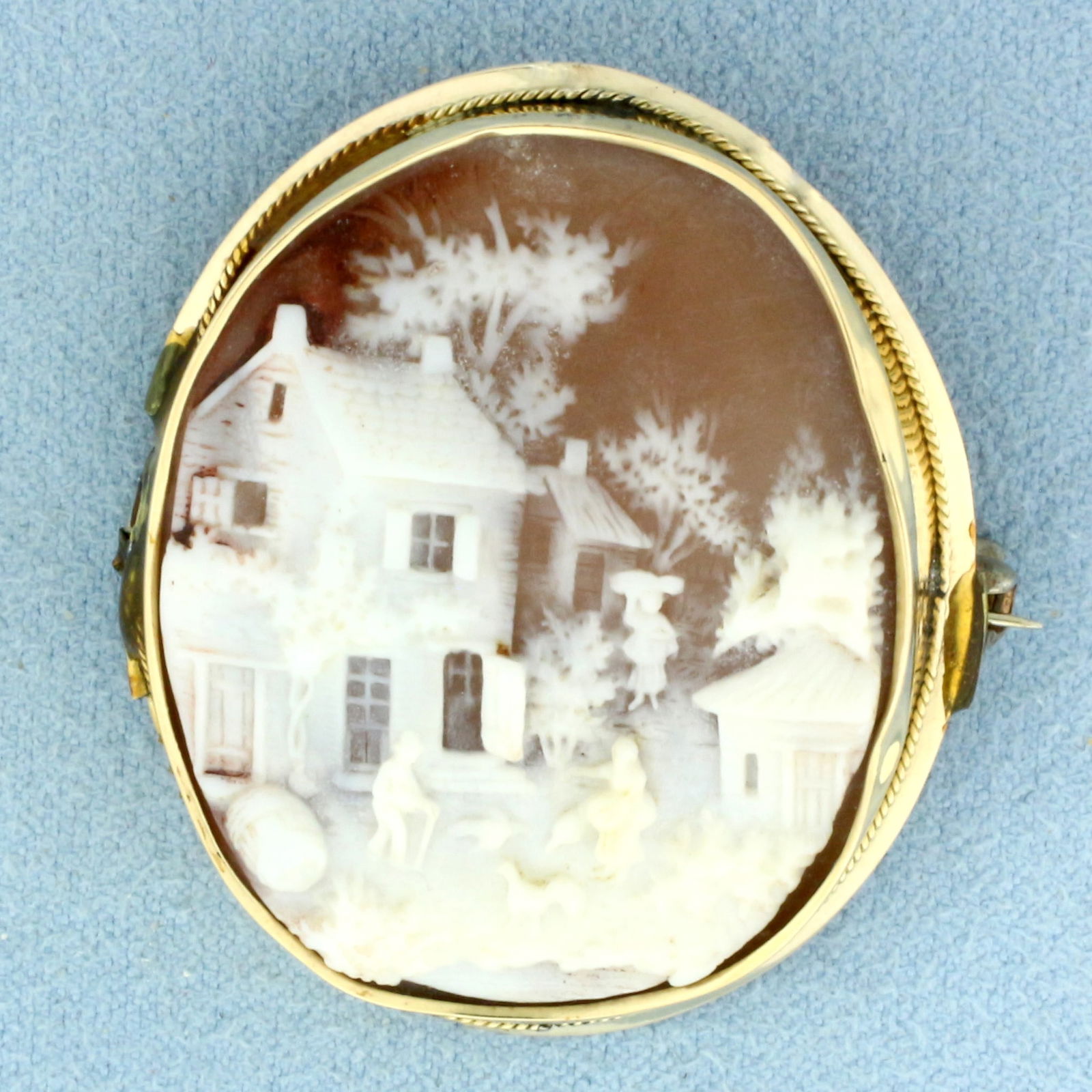 Vintage Family Farm Hand Carved Cameo Pin Brooch in 14k Yellow Gold (1 of 2)