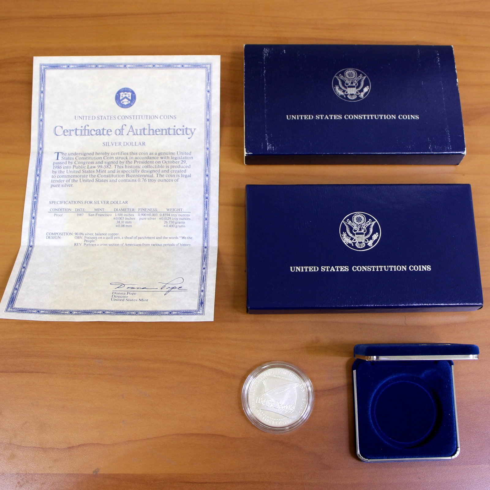 US Mint Constitution Silver Dollar Coin OGP 1987: 1987 U.S. Constitution Silver Dollar. Includes CoA, government packaging, and box.