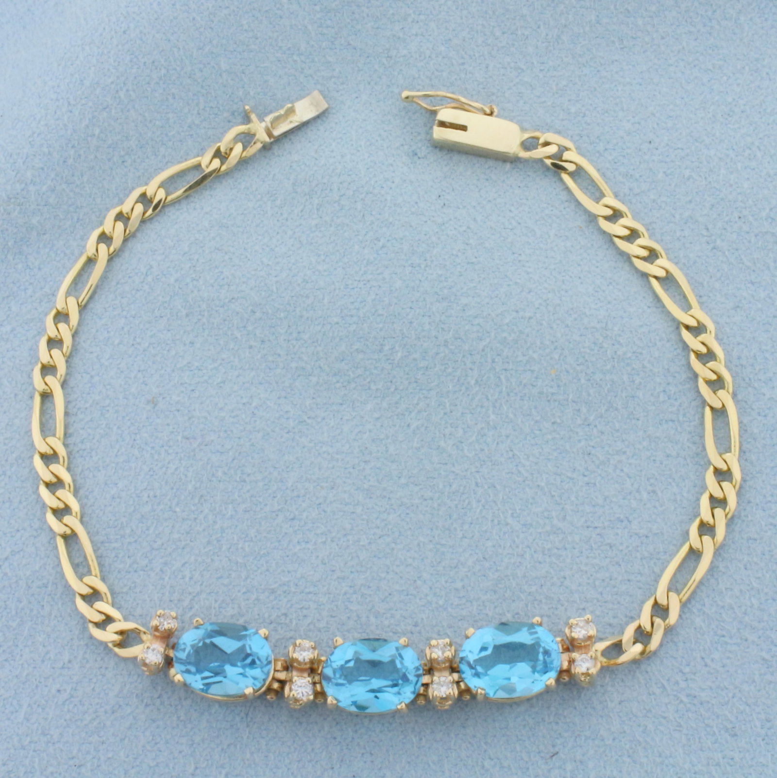Swiss Blue Topaz and Diamond Figaro Bracelet in 14k Yellow Gold (1 of 2)