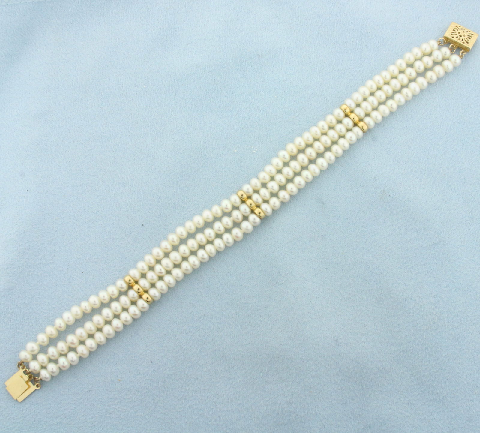 Triple Row Cultured Pearl and Gold Bead Bracelet in 14k Yellow Gold (1 of 2)
