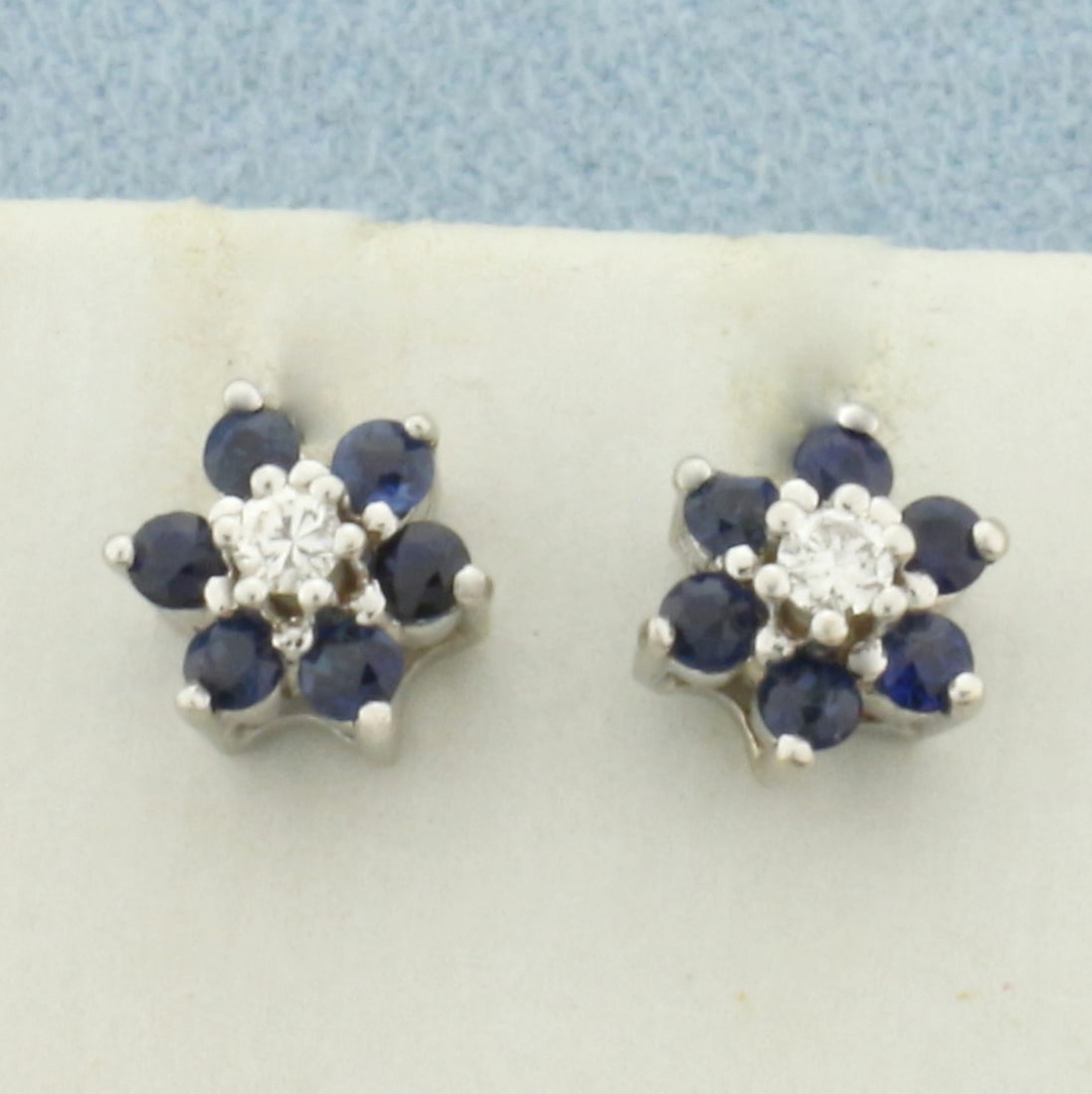 Sapphire and Diamond Flower Target Design Earrings in 14k White Gold (1 of 2)
