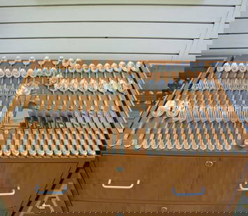 77 Piece Sterling Silver Lunt Mignonette Flatware Set with Chest: In .925 Sterling Silver. Twelve dinner forks, 7 1/4 inches. Eleven salad forks, 6 1/2 inches. One ladle, 6 inches. Two serving spoons, 8 inches. Twelve soup spoons, 6 3/4 inches. Twenty five tea spoon