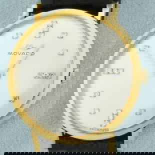 Vintage Mens Movado Diamond Dial Dress Watch in 18k Yellow Gold: Solid 18k yellow gold case. Swiss made. Ultra rare model, circa 1950. 32mm case. Diamonds hour markers. Leather strap. Windup movement runs great. Original crystal, minimal scratching. Overall fantast
