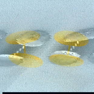 Vintage Oval Cuff Links in 14k Yellow Gold: In 14k Yellow Gold. 5/8 inch long. 1/2 inch wide. Engraved design on one side as shown, can engrave initials on other if desired. 4.7g.
