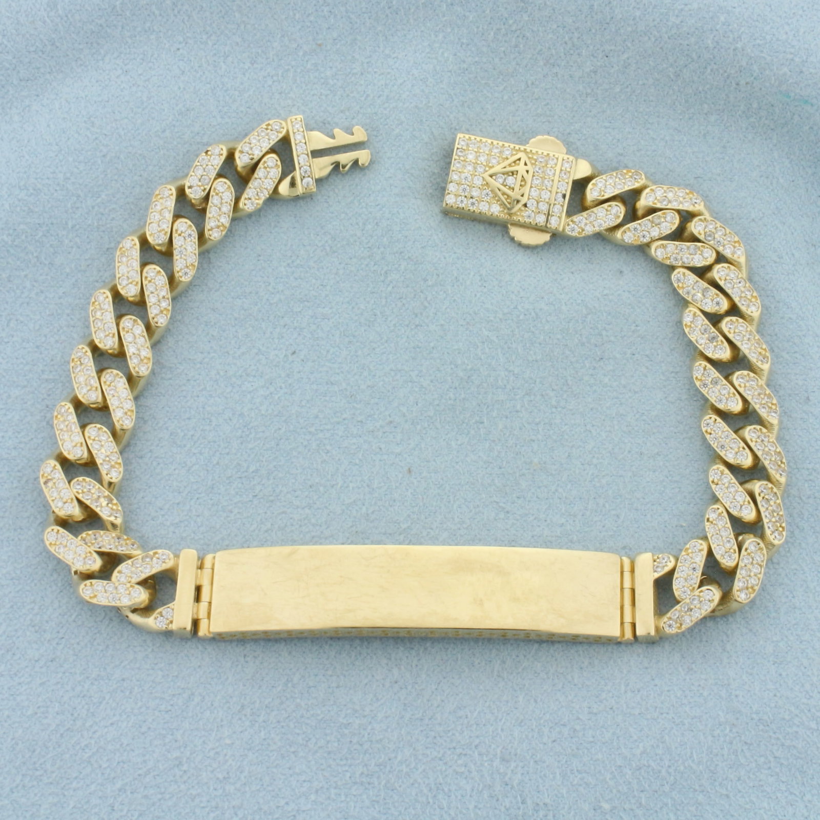 Engravable Pave Diamond ID Name Bracelet in 14k Yellow Gold: In 14k Yellow Gold. Contains three hundred and seventy-four high quality 1/2pt diamonds. 7 3/4 inches long. 3/8 inch wide. Locking slide clasp. 16.9g.