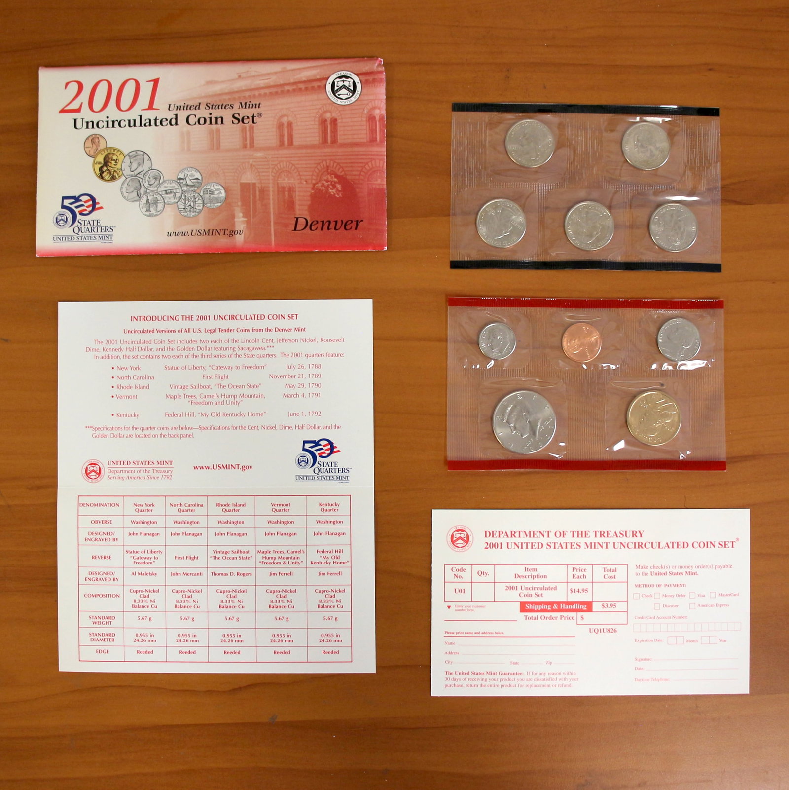 2001 U.S. Mint Denver Uncirculated Coin and Quarter Set OGP COA: Contains one 2001 U.S. Denver Mint Proof Set. Also contains one 2001 Denver Mint State Quarter Proof Set. Includes original envelope, casing, and CoA.
