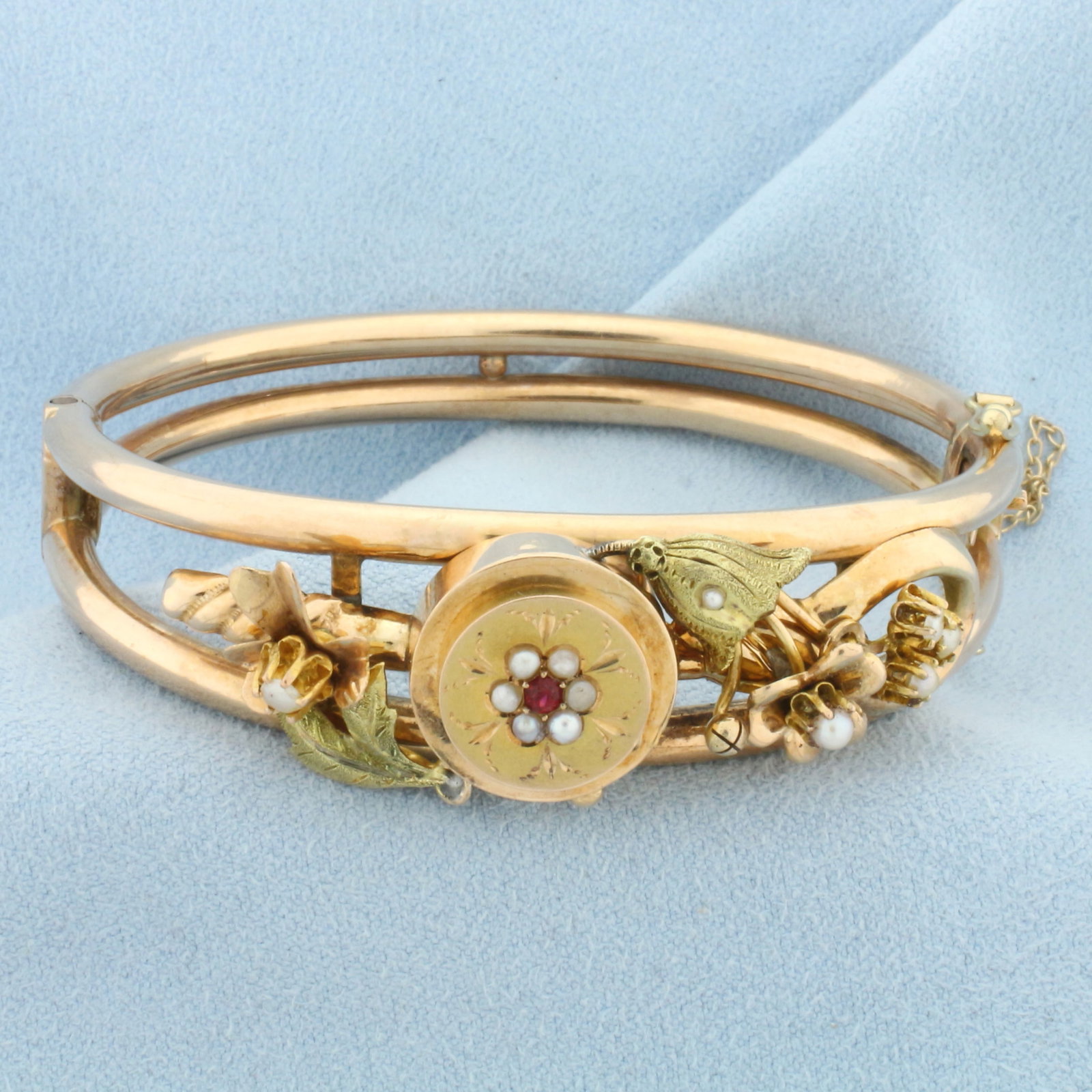 Hinged Antique Ruby and Pearl Bangle Bracelet in 14k Rose and Green Gold (1 of 3)