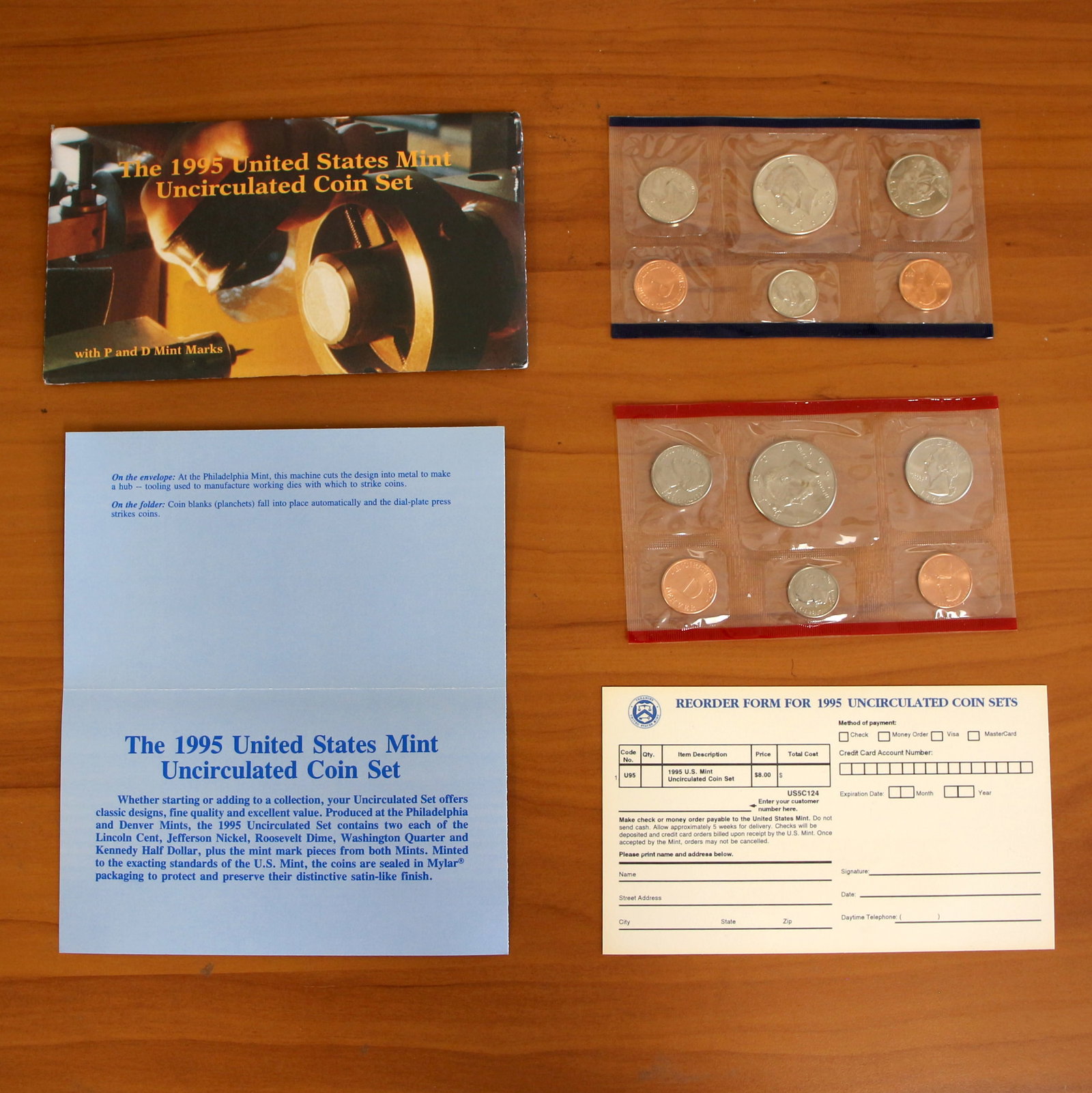 1995 U.S. Mint Uncirculated Coin Set Philadelphia and Denver OGP COA: Contains one 1994 Philadelphia Mint Uncirculated Proof Set and one 1994 Denver Mint Uncirculated Proof Set. Includes original casing, envelope, CoA, and reorder form.