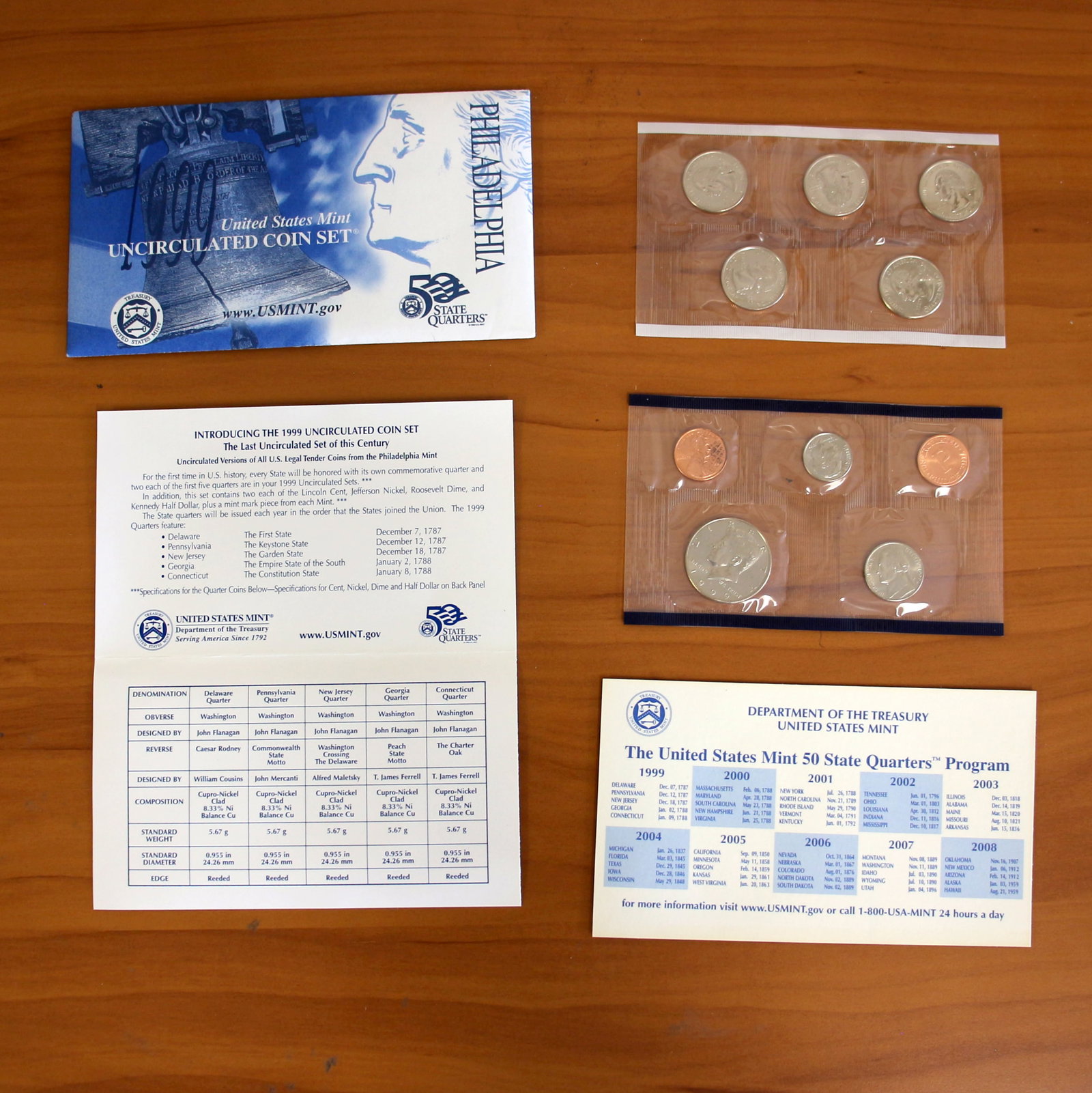 1999 U.S. Mint Philadelphia Uncirculated Coin and Quarter Set OGP COA: Contains one 1999 U.S. Philadelphia Mint Proof Set. Also contains one 1999 Philadelphia Mint State Quarter Proof Set. Includes original envelope, casing, and CoA.
