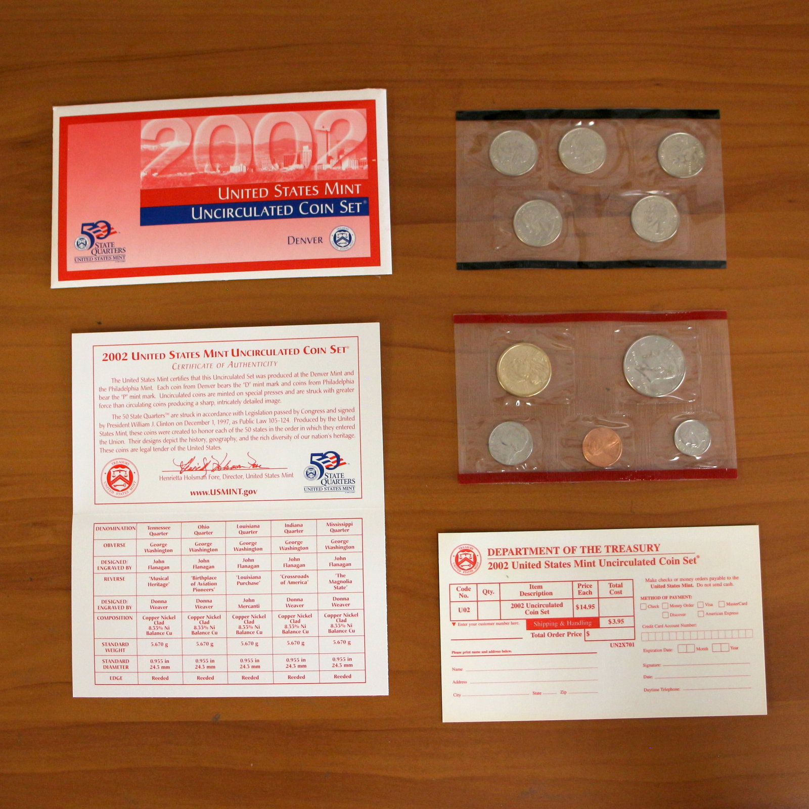 2002 U.S. Mint Denver Uncirculated Coin and Quarter Set OGP COA: Contains one 2002 U.S. Denver Mint Proof Set. Also contains one 2002 Denver Mint State Quarter Proof Set. Includes original envelope, casing, and CoA.