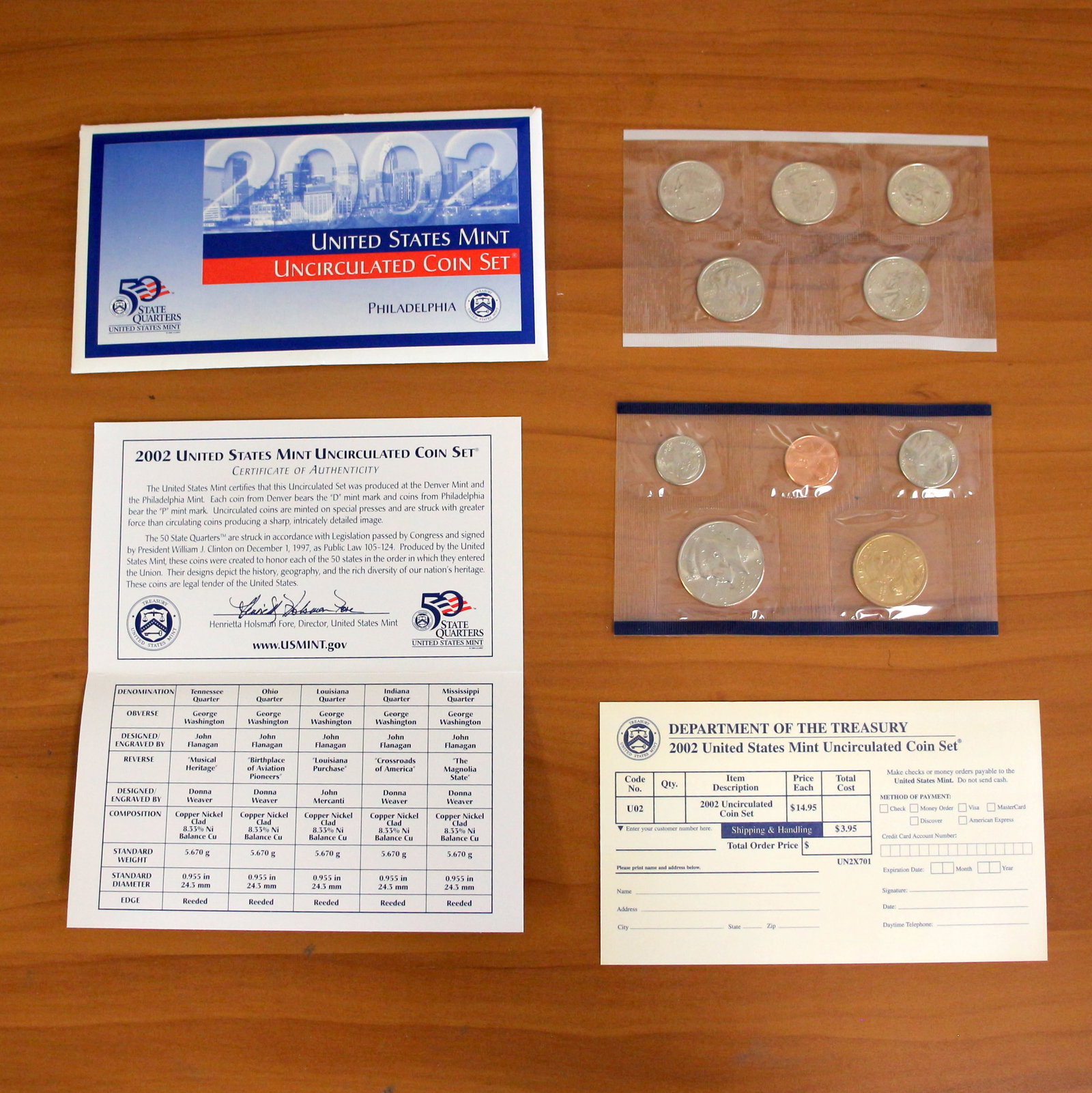 2002 U.S. Mint Philadelphia Uncirculated Coin and Quarter Set OGP COA: Contains one 2002 U.S. Philadelphia Mint Proof Set. Also contains one 2002 Philadelphia Mint State Quarter Proof Set. Includes original envelope, casing, and CoA.