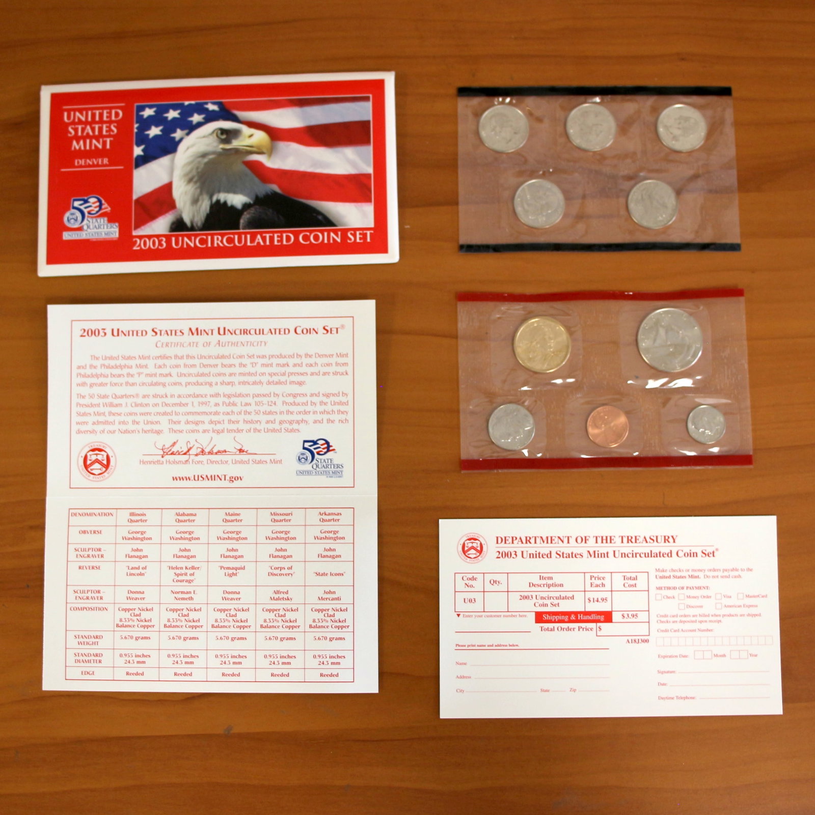 2003 U.S. Mint Denver Uncirculated Coin and Quarter Set OGP COA: Contains one 2003 U.S. Denver Mint Proof Set. Also contains one 2003 Denver Mint State Quarter Proof Set. Includes original envelope, casing, and CoA.
