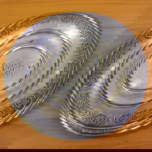 Vintage Gorham Durgin Footed Dish in Sterling Silver: .925 sterling silver. 9.5" wide, in good condition consistent with age, monogrammed. Marked Gorham Sterling with symbol for Durgin and "70". 288g