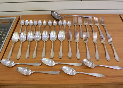 Antique French Societe Anonyme Argental Art Deco Silverplate Thirty Six piece Flatware Set: Silverplate. Contains twelve forks 8 1/8 inches, twelve spoons 8 1/8 inches, eleven teaspoons 5 3/8 inches (one slightly misshapen), one large ladle spoon 12 3/4 inches one tarnish resistant dovetaile
