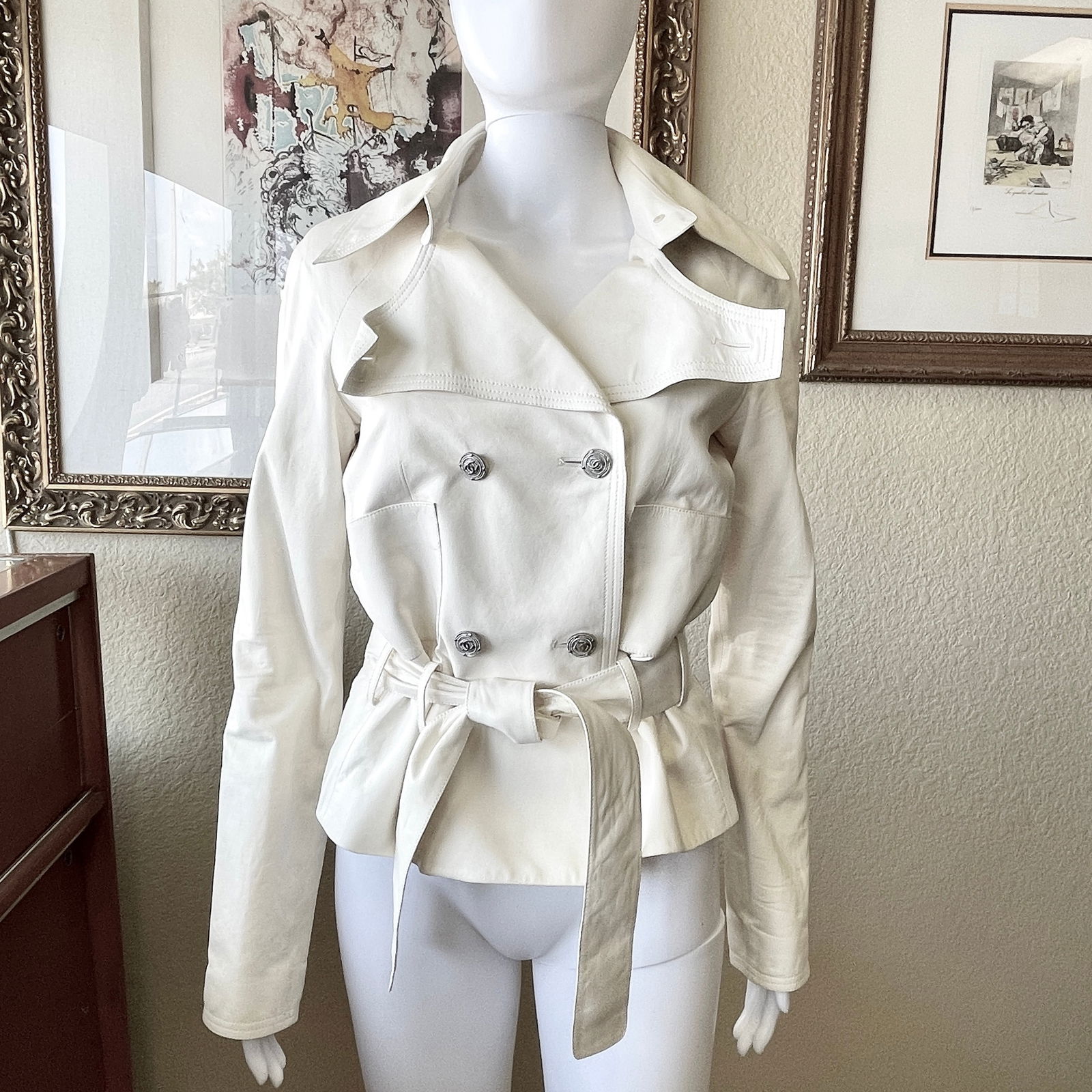 Chanel 12C Double Breasted White Lambskin Belted Leather Biker Jacket 40 (1 of 10)