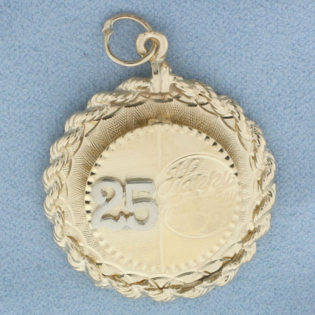 Happy 25 Year Anniversary Pendant or Charm in 14k Yellow Gold: In 14k yellow gold. 1.5 inches long (including jump ring) and 1 1/8 inches wide. Rope border detail. 5.7g.
