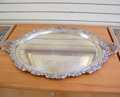Vintage Poole "990" Solid Sterling Silver Oval Serving Tray: In .925 Solid Sterling Silver. Contains one double handle tea or coffee set serving platter. 29 1/2 inch by 19 inch. Monogram "MM" on front, "June 15, 1936 - June 15, 1961" on back. 4,262g.