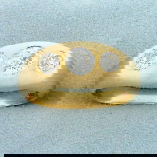 Mens Antique Old European Diamond Three Stone Ring in 14K Yellow Gold: In 14K Yellow Gold. Contains one high quality natural 0.85ct Old European Cut Diamond, SI clarity/H color. Also contains two 1/3ct Old European Cut Diamonds, VS clarity/H color. Size 10.5. 9.0g