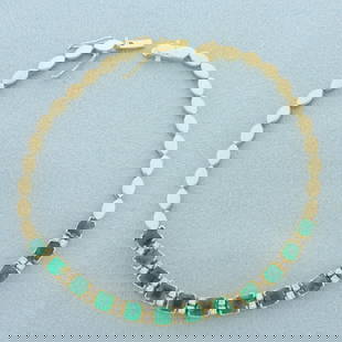 Natural Emerald and Diamond Bracelet in 18k Yellow Gold: In 18k yellow gold. Contains twelve high quality natural untreated 3.8mm square cut emeralds with intense green color. Also contains twenty two high quality .01ct round brilliant diamonds, VS clarity/