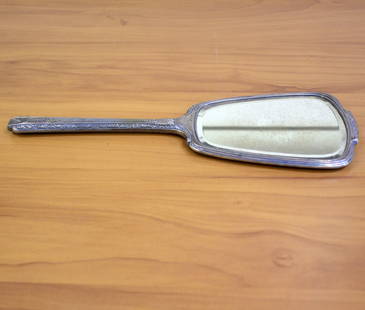 Antique Webster Sterling Silver Hand Mirror: In .925 Sterling Silver. 12.5 inch by 4 1/4 inch. "J" monogram. Weighted. 265.6g.