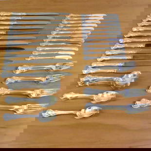 Towle Old Master Sterling Silver Flatware Set of 72: In .925 Sterling Silver. Contains twelve forks - 7 1/8 inches long, twelve salad forks - 6 3/8 inches long, twelve teaspoons - 6 inches long, twelve round bowl cream soup spoons - 6 1/4 inches long, t