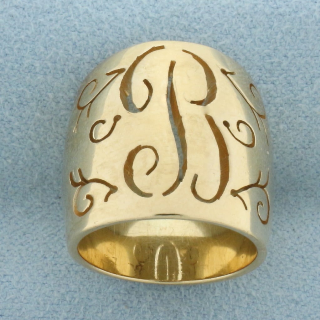 B Initial Monogram Cut Out Wide Cigar Band Ring in 14k Yellow Gold (1 of 4)