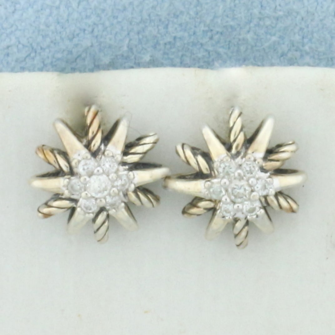 David Yurman Diamond Starburst Cable Stud Earrings in Sterling Silver: In .925 Sterling Silver. Contains .21ct TW of high quality diamonds. 10mm diameter. Hallmarked. Original friction backs. 2.7g.