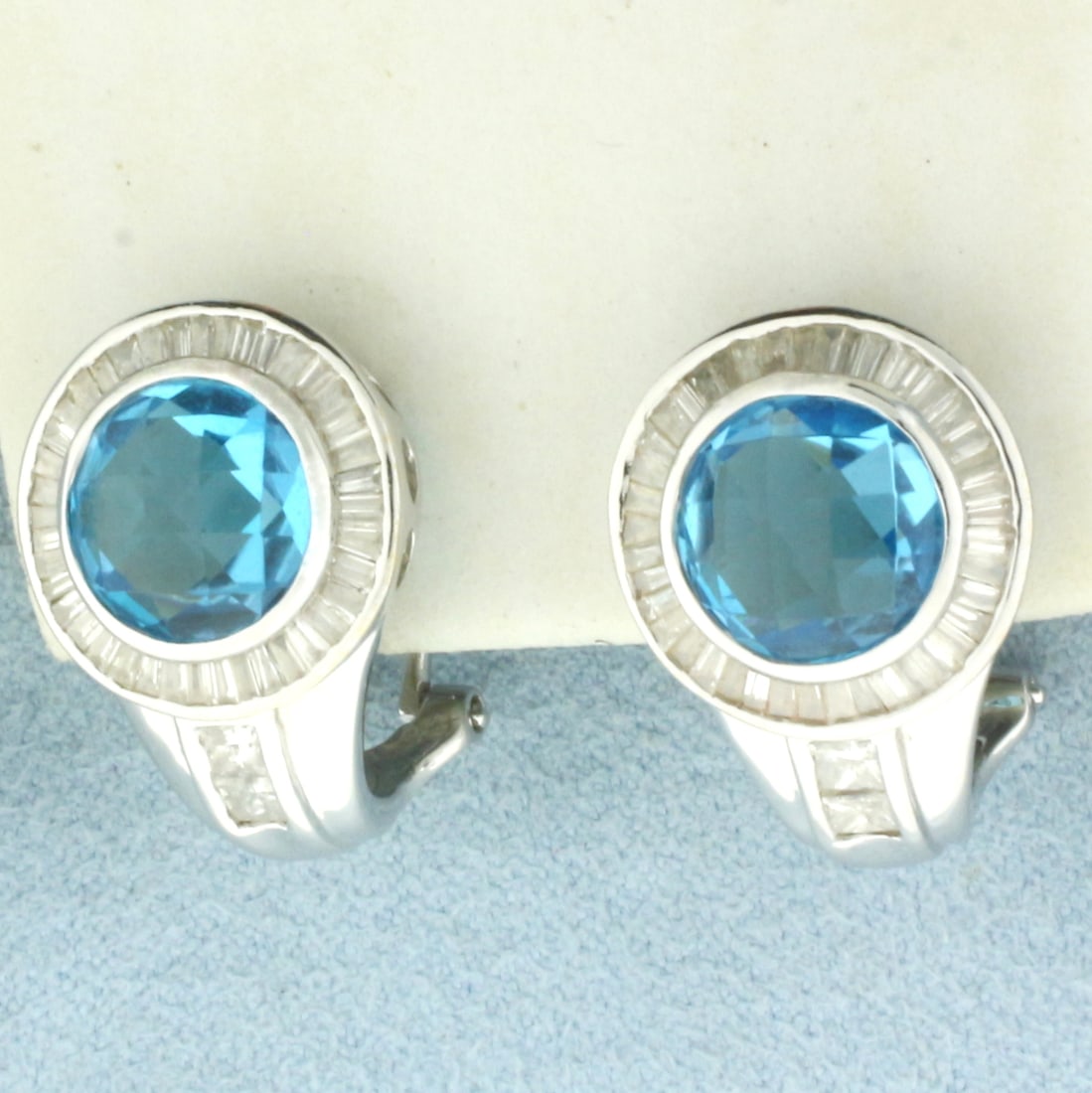 Checkerboard Cut Swiss Blue Topaz and Diamond Earrings in 18k White Gold (1 of 2)