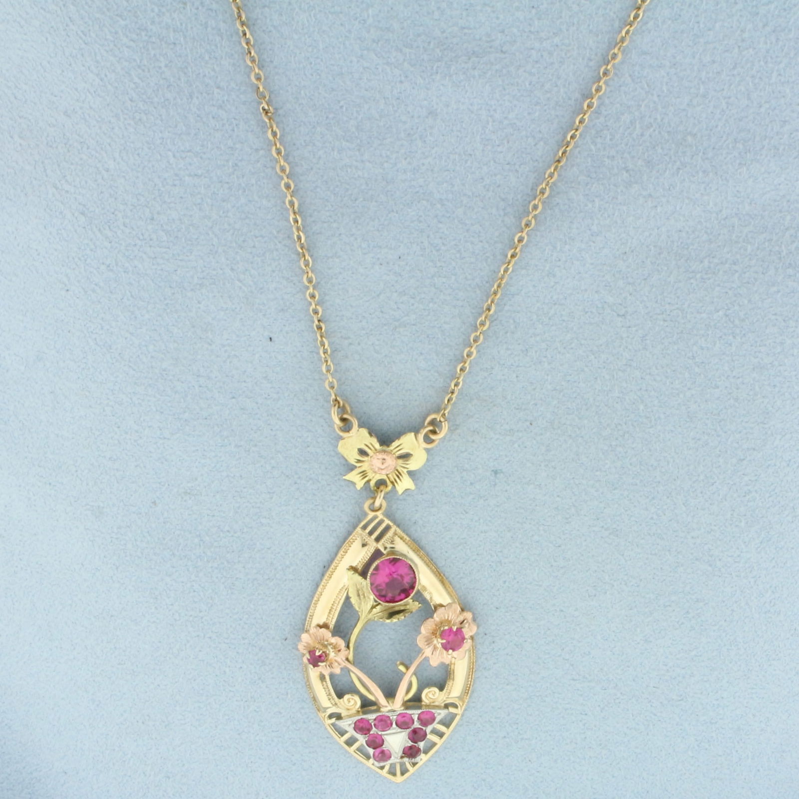 Vintage Pink Sapphire Flower Lavalier Necklace in 10k Yellow, Rose, White, and Green Gold (1 of 2)