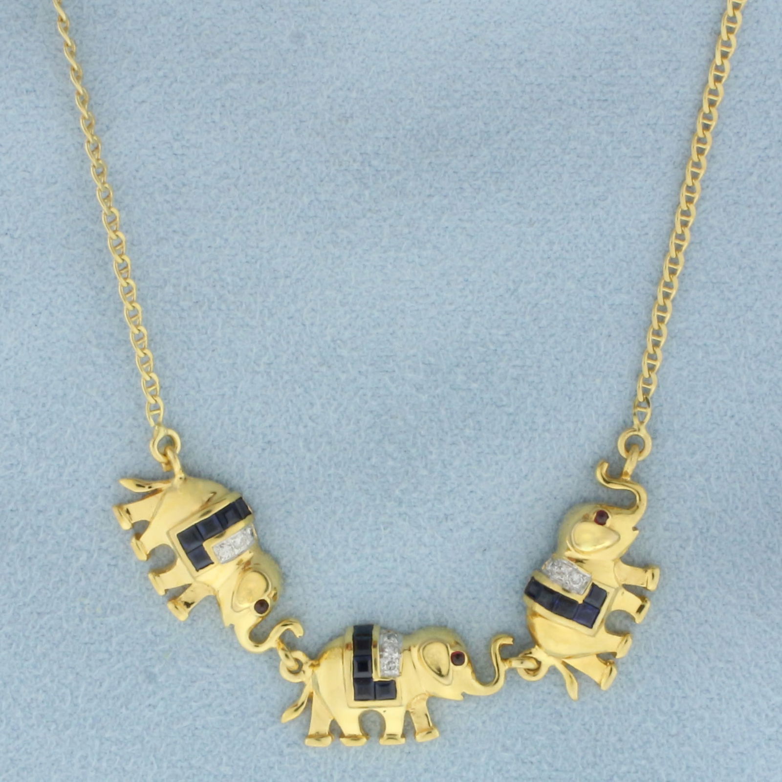 Italian Sapphire, Ruby, and Diamond Elephant Necklace in 18k Yellow Gold (1 of 2)