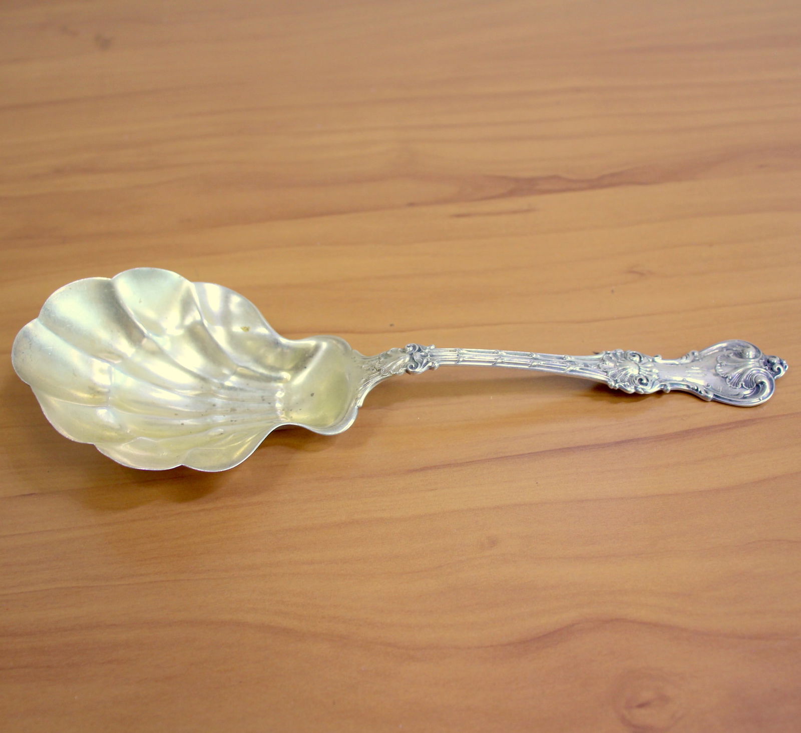 Whiting "King Edward" Sterling Silver Large Solid Shell Serving Spoon: In .925 Sterling Silver. Contains one large solid shell serving spoon. 9 7/8 inch long. Has monogram. $200 on replacement.com with tax, and shipping. 99.8g.