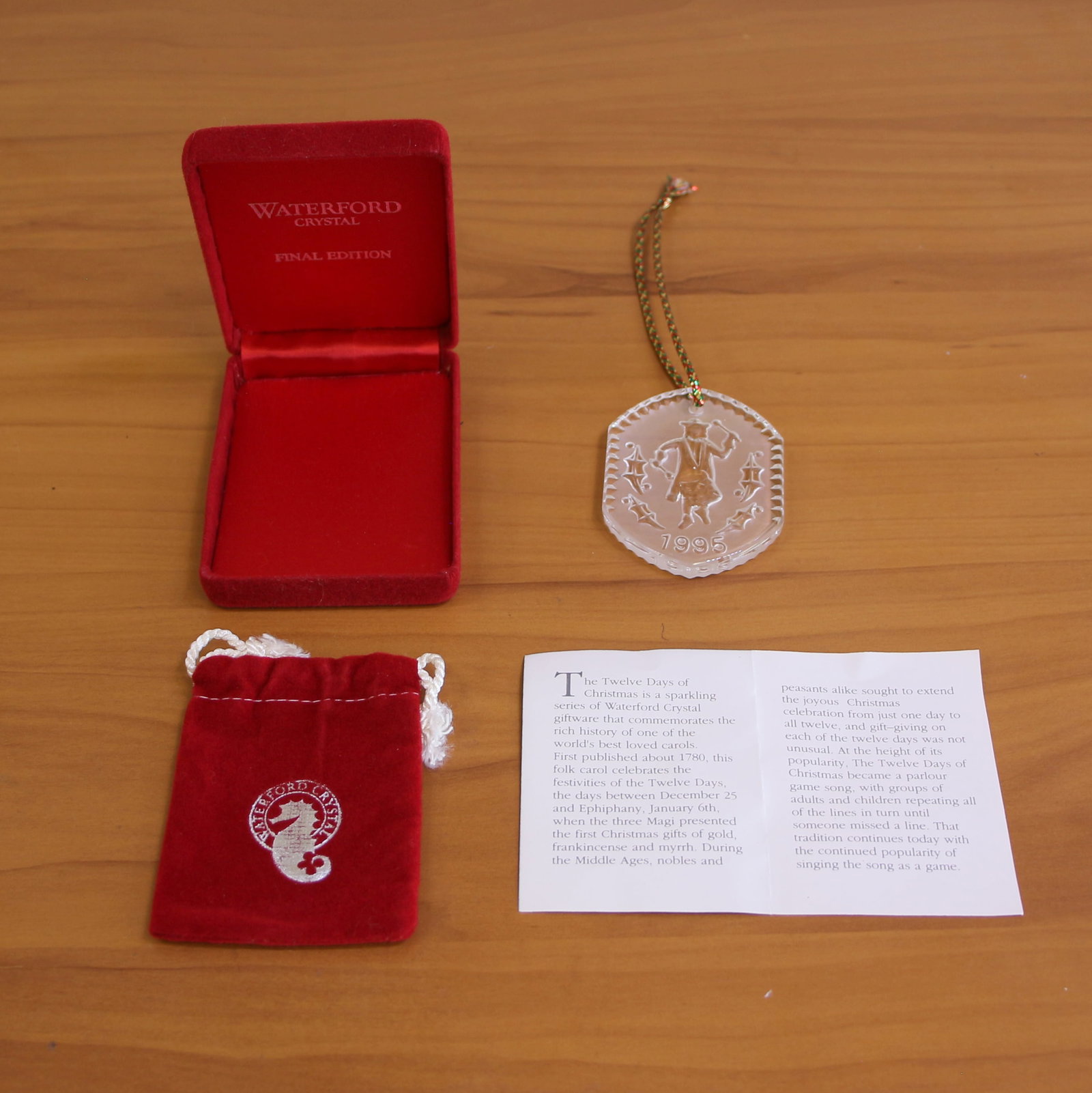 Waterford Crystal 1995 Twelve Days of Christmas Ornament: Twelve Drummers Drumming. Original box, pouch, and papers included. Final edition.