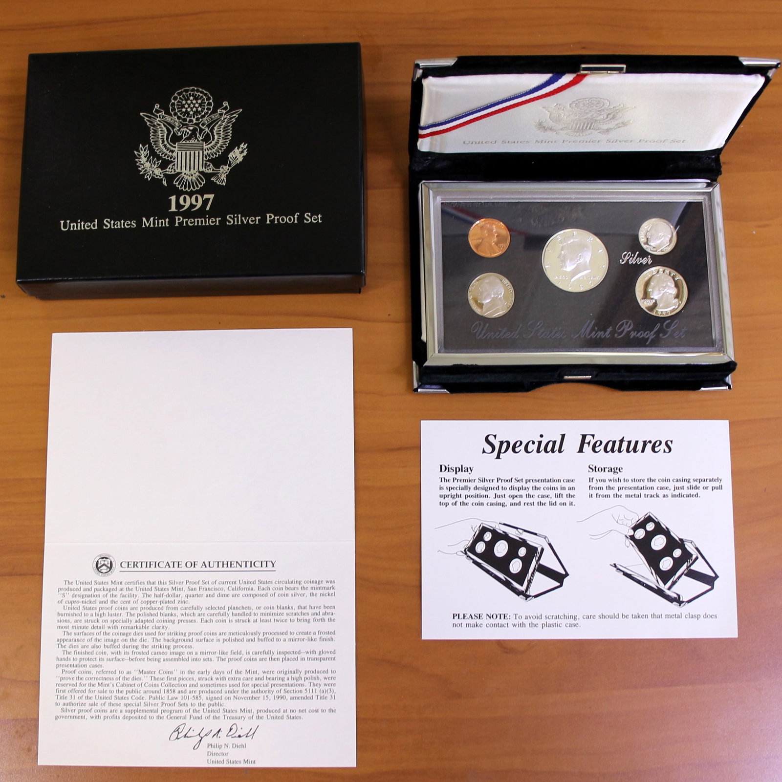US Mint Premier Silver Proof Set 1992 to 1998: One set from 1992 to 1998. U.S. Mint Premier Silver Proof Set. Includes CoA, government packaging, and box.