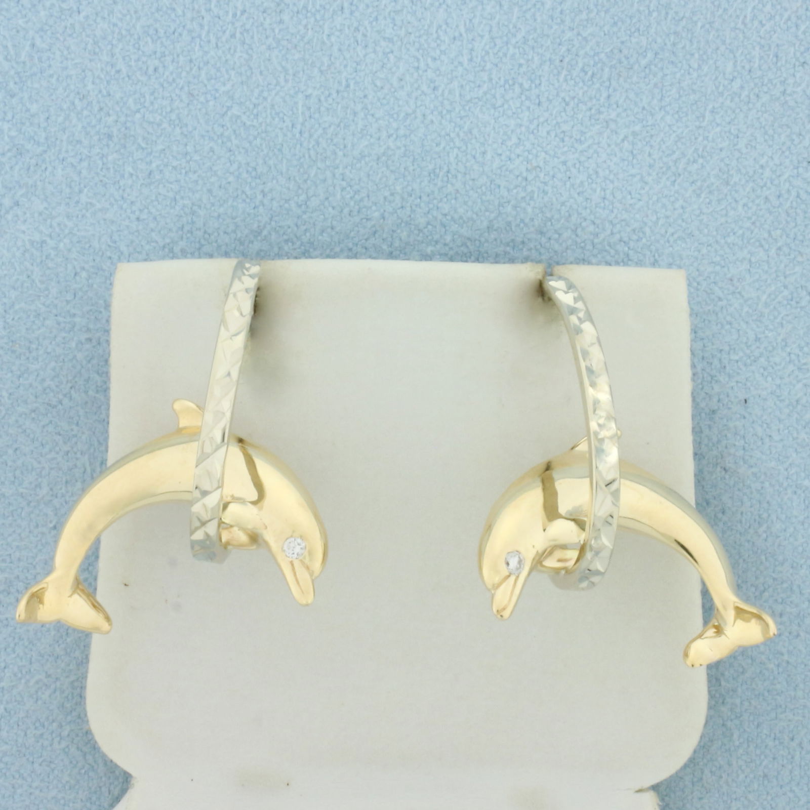 Diamond Dolphin Hoop Earrings in 14k Yellow and White Gold (1 of 3)