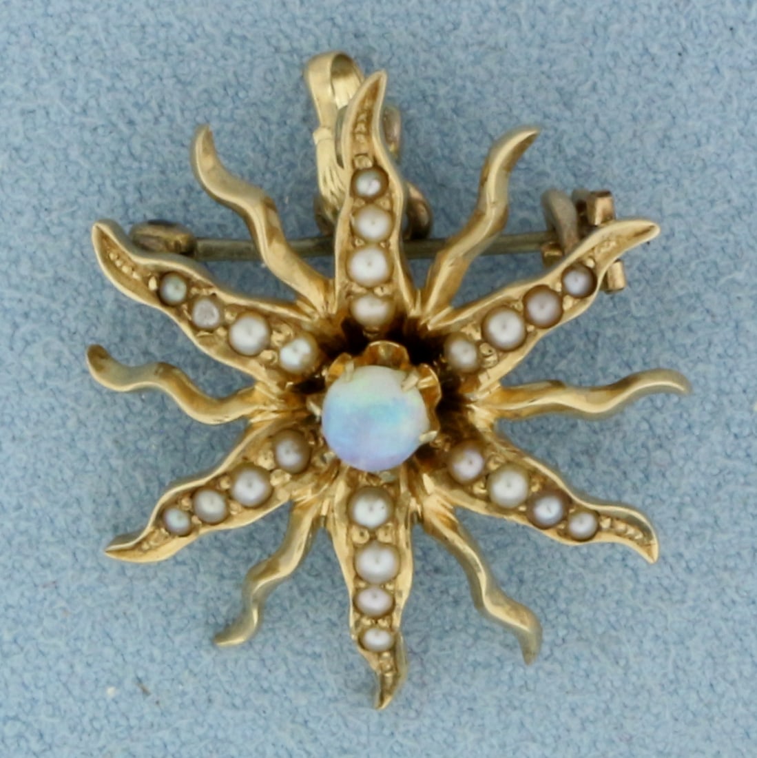 Antique Opal and Seed Pearl Sunburst Pendant or Brooch in 14k Yellow Gold (1 of 2)