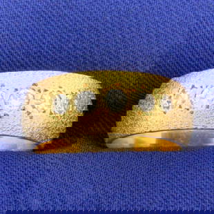 Sandblast Finish Diamond Band Ring in 14k Yellow Gold: In 14k yellow gold. Contains five high quality 1/10ct diamonds, H color/SI clarity. Unique sandblasted finish. Size 7. 7.5mm wide. 6.8g.