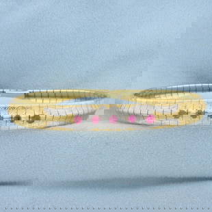 Pink Sapphire Omega Bracelet in 18K Yellow and White Gold: In 18K Yellow and White Gold. Contains five high quality 3mm round Pink Sapphire gemstones, approximately 1/2ct TW, with bright pink color and excellent clarity. 7 1/2 inches long. 8.3mm wide. Safety