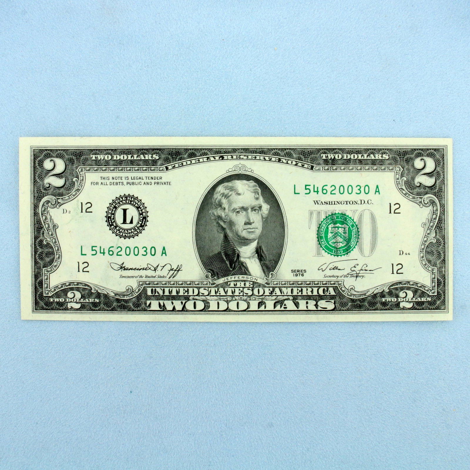 1976 $2 Federal Reserve Green Seal Note Bill Crisp Uncirculated: One Bill. Condition as shown in picture.