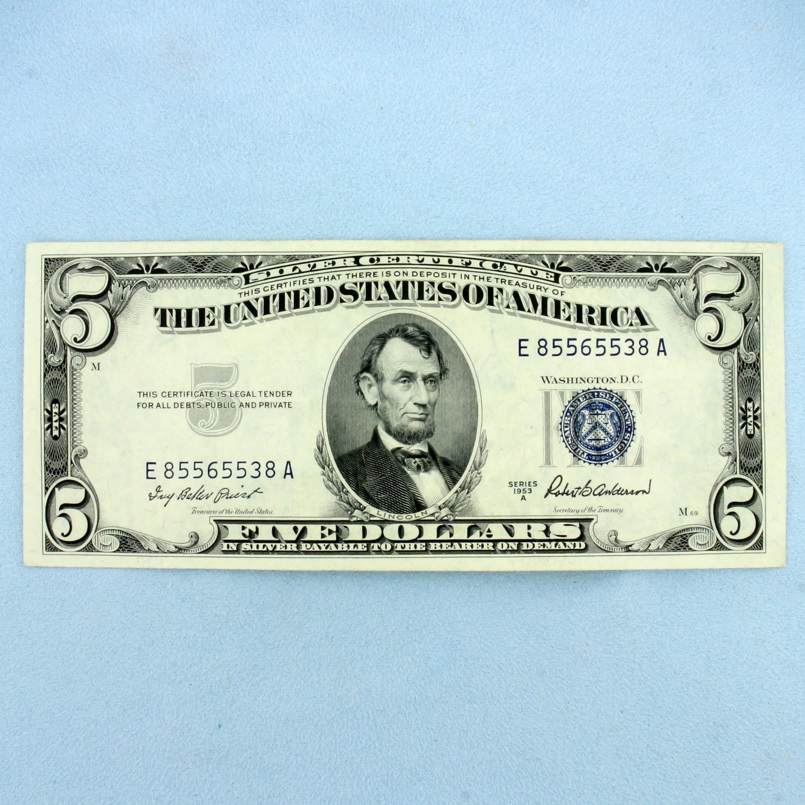 1953 $5 Silver Certificate Blue Seal Federal Reserve Note Bill Crisp Uncirculated: One Bill. Condition as shown in picture.