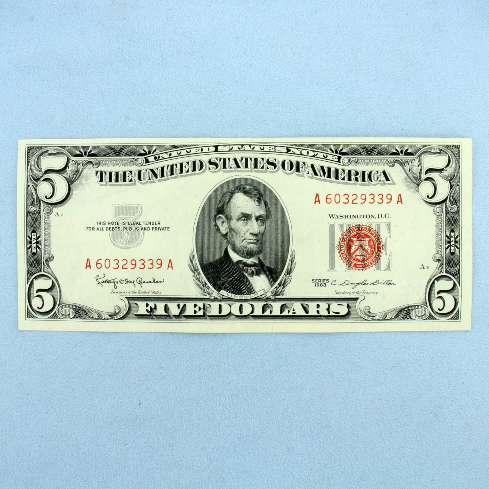 1963 $5 Red Seal Federal Reserve Note Bill Crisp Uncirculated: One Bill. Condition as shown in picture.