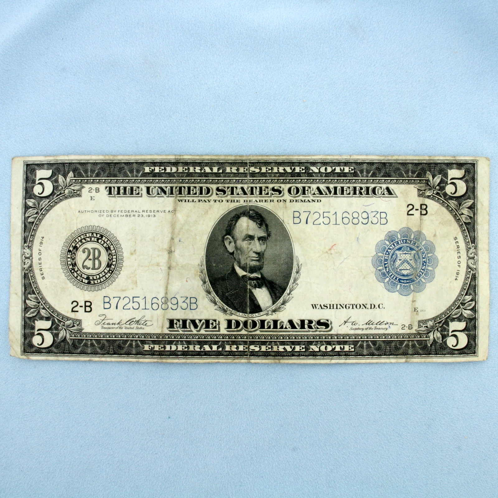 1913 $5 Large Blue Seal Federal Reserve Note Bill: One Bill. Condition as shown in picture.