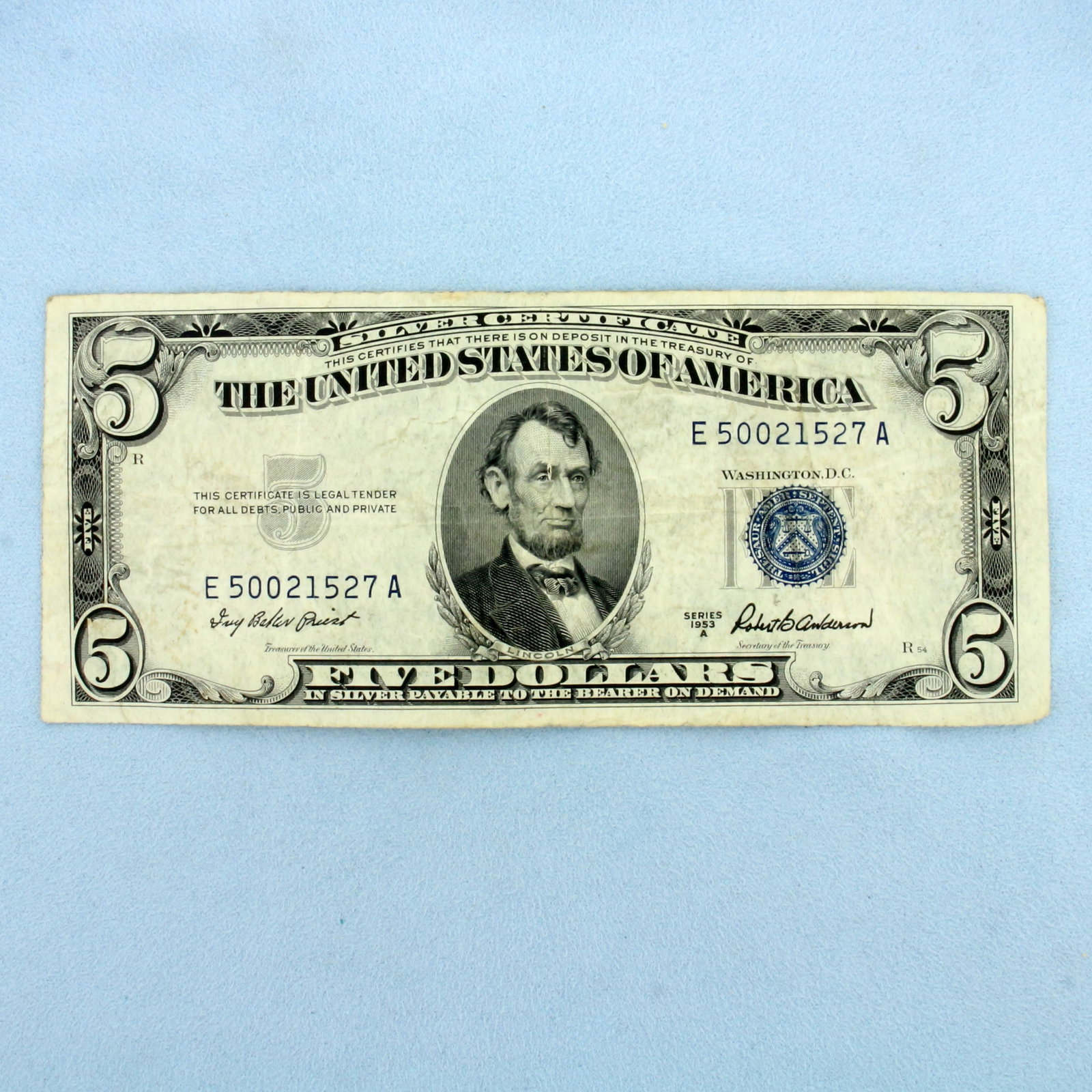 $5 Silver Certificate Blue Seal Federal Reserve Note Bill: One Bill. Condition as shown in picture.