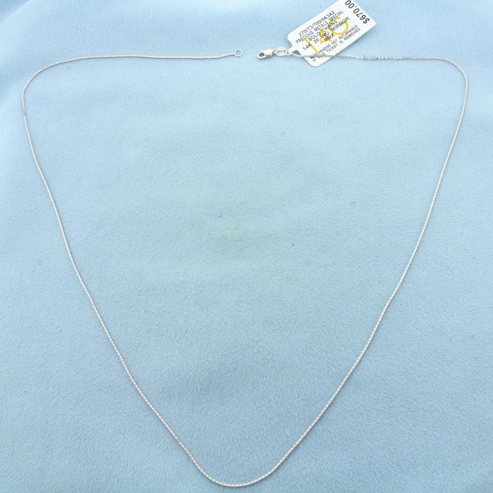 New 20 inch Box Link Chain Necklace in 14k White Gold: In 14k White Gold. 20 inches long. 1mm wide. High polish. Tags still on, never worn. Lobster clasp. Retail price $670. 2.0g.