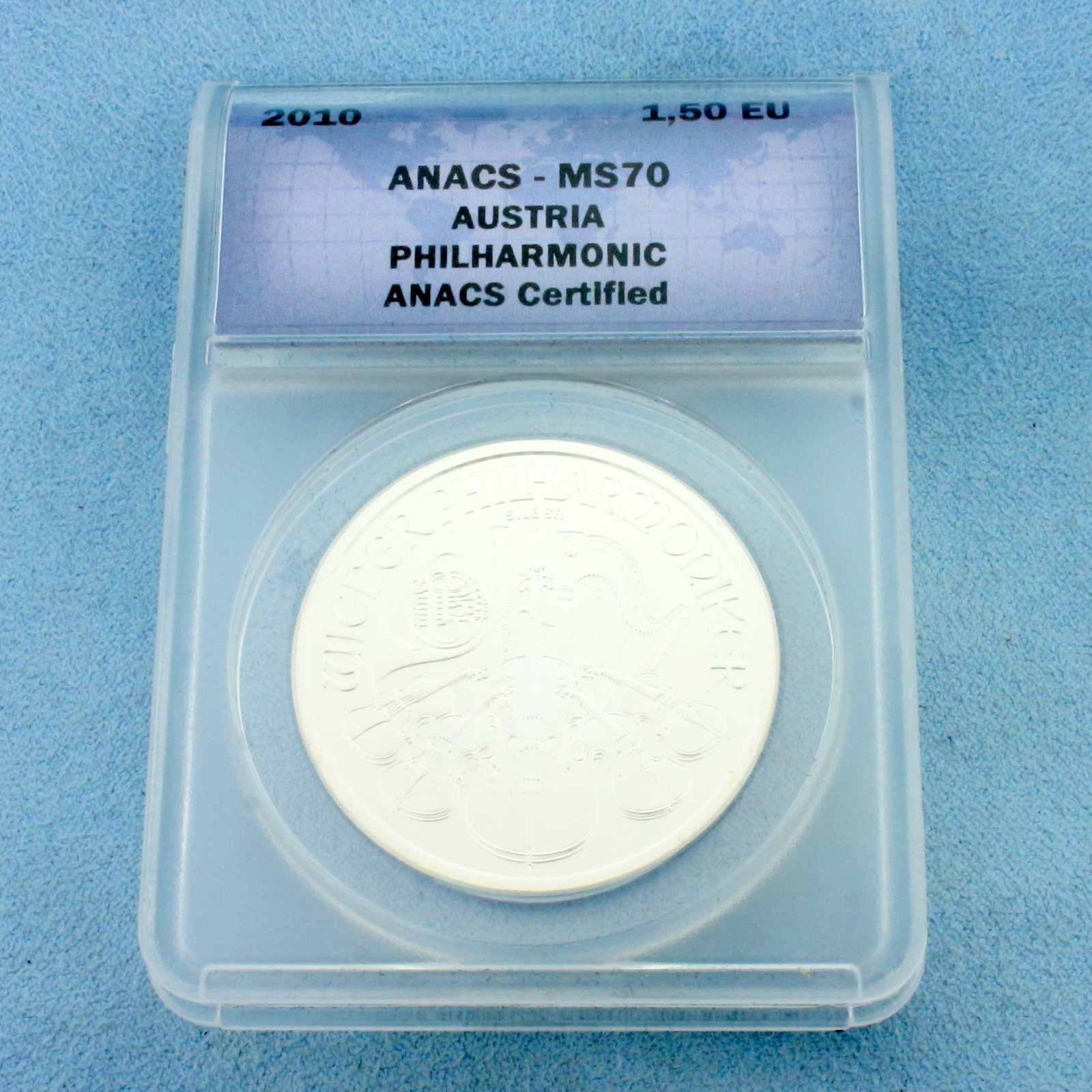 2010 ANACS Certified MS70 Austria Philharmonic 1oz Silver Coin: 2010 Austria Philharmonic 1,50 Euro Silver Coin. Set in casing.