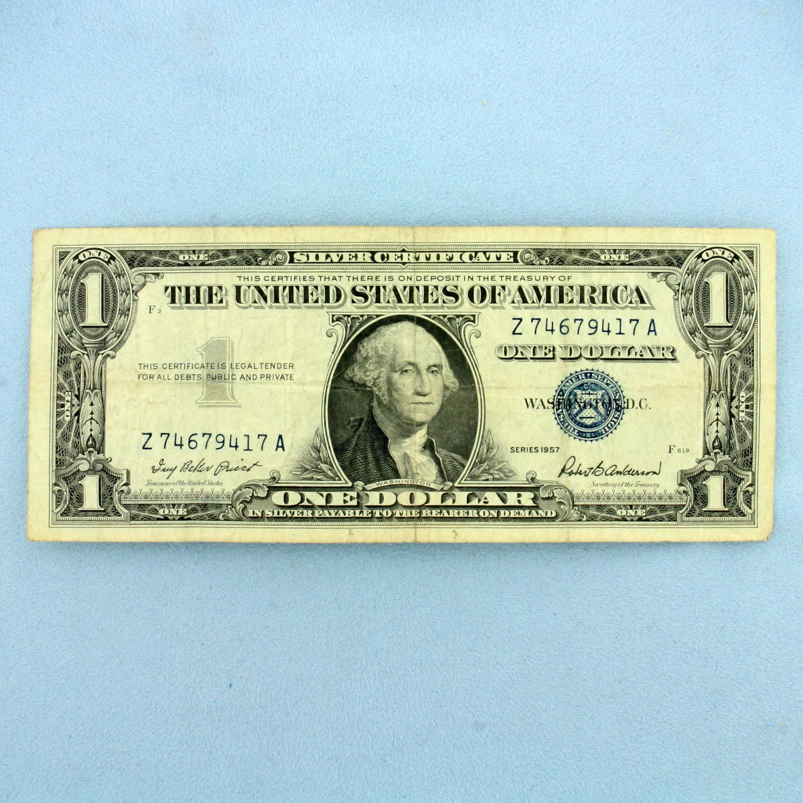 1935 or 1957 $1 Blue Seal Silver Certificate Federal Reserve Note Bill: One Bill. Condition as shown in picture.